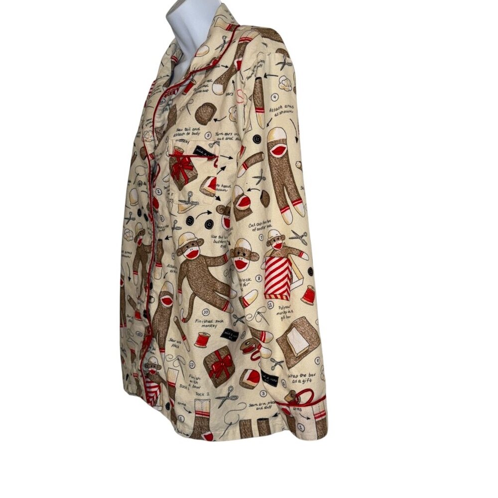 Nick & Nora Flannel Sock Monkey Pajama Top Womens XXL Plus Size Soft Sewing - Picture 5 of 9